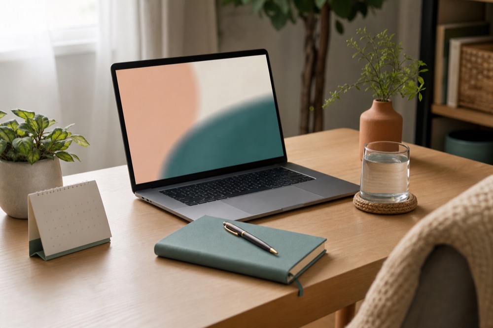 Modern telehealth workspace with laptop, notebook, water, and plants