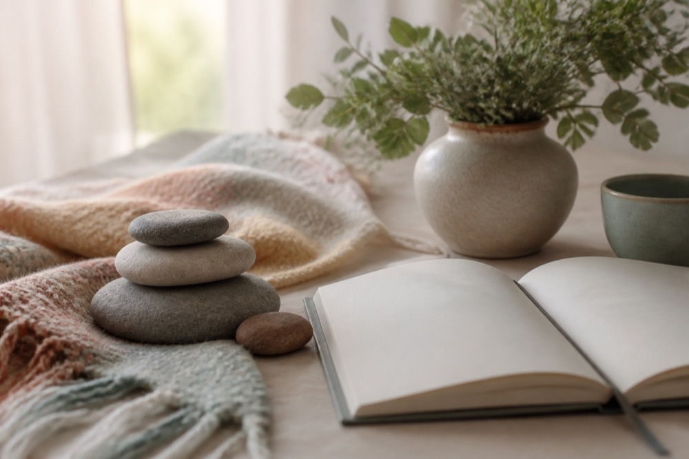 Grounded still life with journal, stones, blanket, and greenery