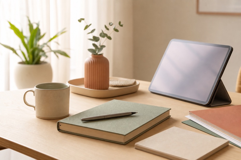 Calm consultation desk with notebook, pen, plants, and tablet