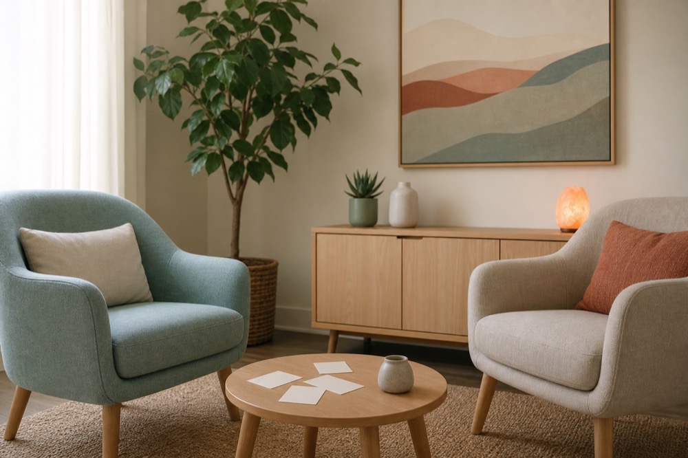 Comfortable therapy room with two chairs, soft light, and plants